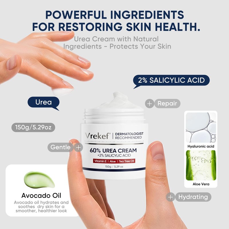 VREKEF Urea Cream 60% with 2% Salicylic Acid, Urea Cream 60 Percent for Feet Maximum Strength, Foot Cream & Callus Remover for Dry Cracked Heels, Rough Thick Skin, Deep Hydration, 5.29 oz
