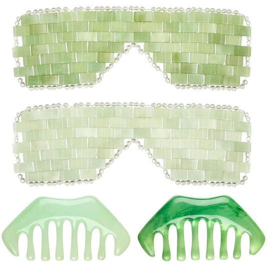 Jade Eye Mask and Hair Comb Set - Green Jade Stone Facial Cooling | Gua Sha Scalp Massager for Puffiness Relief