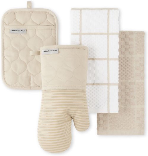 KitchenAid Quilted Cotton Terry Cloth Oven Mitt & Pot Holder Set - Heat Resistant, Silicone Grip | 4-Pack