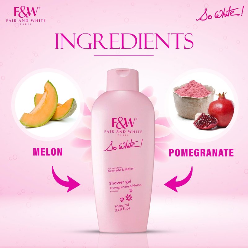 FAIR & WHITE So White Refreshing Brightening Body Wash - 1000ml / 33.8 fl oz - Daily Moisturizing Skin Shower Gel, with Pomegranate & Melon Extracts