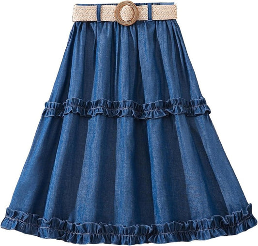 Girl's High Elastic Waist Flared Midi Skirt - Cute Frill Trim Design | Swing Style