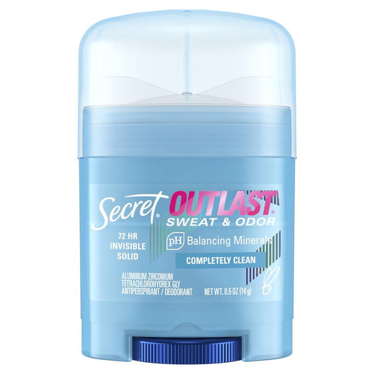 Secret Outlast Antiperspirant Deodorant for Women, 72hr Sweat & Odor Protection, PH Balancing Minerals, Invisible Solid, Completely Clean Scent, Travel Size, 0.5 oz
