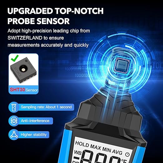 INSTRODOTS Temperature Humidity Meter, High Precision Digital Hygrometer with Ambient, Dew Point, Wet Bulb Temperature for Indoor Outdoor, Thermometer with Min/Max, Data Hold, LCD Backlight, TH11