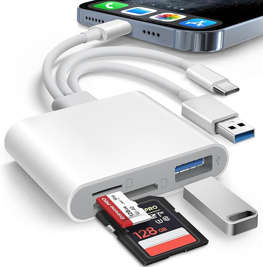 AkHolz SD Card Reader for iPhone iPad Mac Trail Game Camera Viewer Built-in 3-in-1 Connector (Lightening, USB-C and USB-A) with SD MicroSD USB-A 3 Slots, Portable No App Required Plug & Play - White
