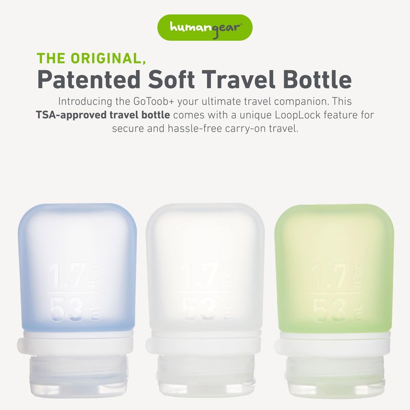 humangear GoToob+ Bottles - Silicone Leak-Proof Travel Tubes for Toiletries, Camping & TSA Carry-On (3-Pack), Small (1.7 fl oz; 53ml), Clear/Green/Blue