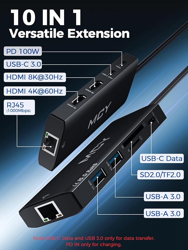 MCY USB C Hub,Laptop Docking Station Dual Monitor Single 8K,2x4K@60Hz,10in1 Type-C Multiport Adapter with PD100W,Card Reader,Extender,Splitter,Ethernet Dock for MacBook Ipad Pro/Dell/HP/Surface etc.