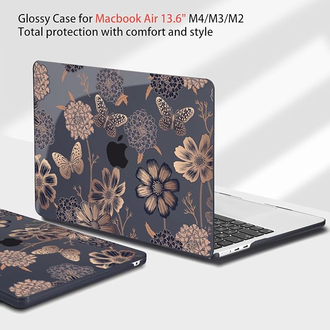 Teryeefi for MacBook Air M2 M3 M4 M5 13.6 Case 2022 2023 2024 2025 2026 Release A2681 A3113 A3240 A3449, Clear Hard Shell with Keyboard Cover & Adapter & Screen Protector, Gold Floral Butterfly