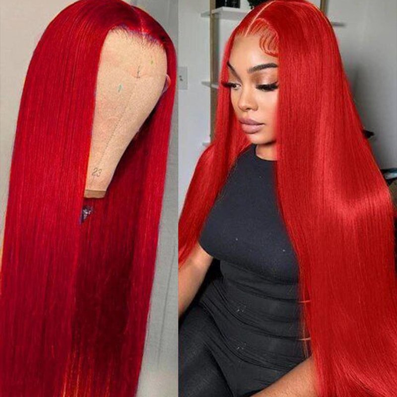 TaBeWay Red Colot Straight Synthetic 13x4 T-part Wigs with Baby Hair Glueless Pre-plucked Natural Hairline Synthetic Lace Front Wigs for Women 32inch