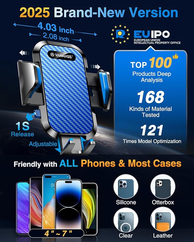 VANMASS Phone Holders for Your Car Ultimate Military-Grade Car Phone Holder Mount【Patent & Safety Certs】 Upgraded Shockproof Truck Air Vent Phone Mount for iPhone 17 Pro Max 16 Samsung Android,Blue