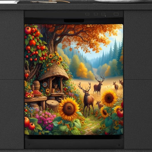 Autumn Deer Tree Dishwasher Magnet Cover for The Front Magnetic Dishwasher Door Covers Dish Washer Sticker Wrap Home Decorative Appliances Panel Decal Kitchen Decor 23" x 26" (Magnetic)