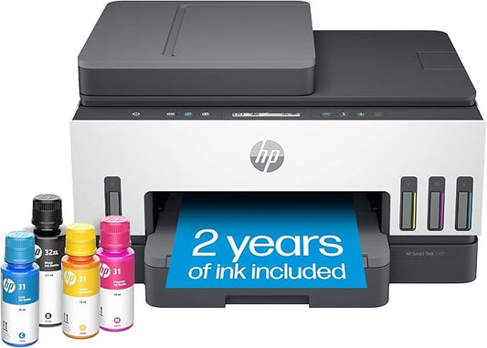 HP Smart Tank 7301 Wireless All-in-One Ink Tank Printer, Scanner, Copier with 2 Years of Ink Included, Best-for-Home Office, Cartridge-Free Refillable, AI-Enabled (28B70A)