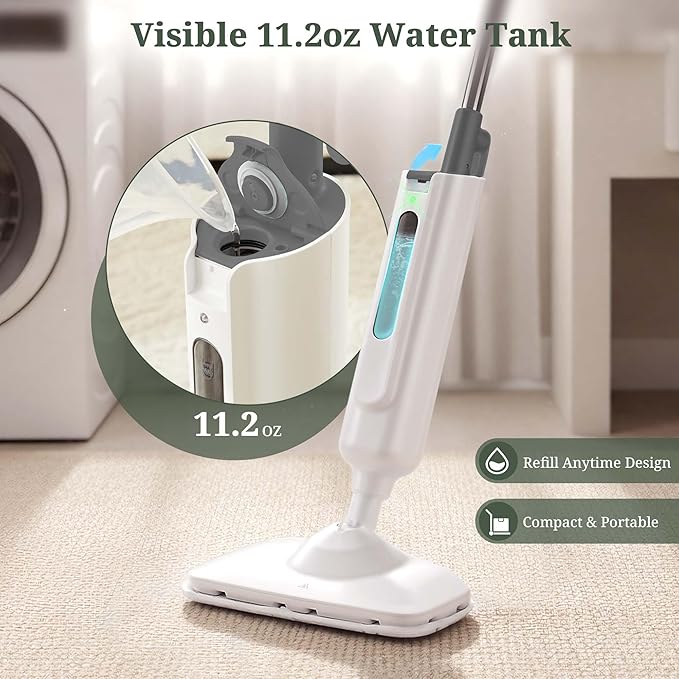 Steam Mop for Floor Cleaning, Lightweight Floor Steamer for Hardwood, Tile, Laminate & Carpet, Quick-Heat Steam Cleaner with Visible Water Tank and 2 Washable Pads, White and Grey