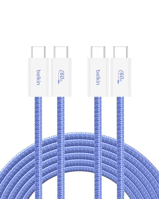 Belkin USB C to USB C Cable 2-Pack, 9.9ft, 60W - Type C Charger, iPhone Charger Cord, Soft, Braided, Flexible for iPhone 17, Galaxy S25, Pixel 10, Airpods, iPad Pro & More, Travel Essentials - Blue