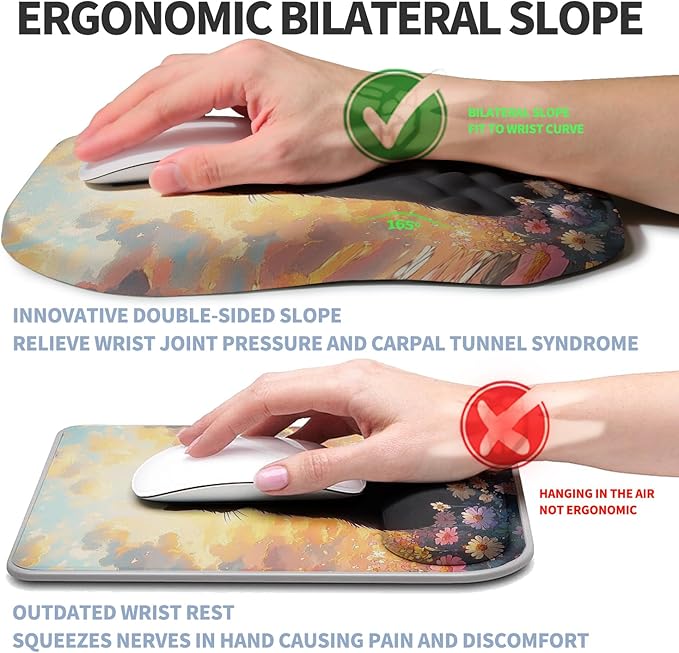 Gleamtide Ergonomic Raised Mouse Pad Wrist Support with Bilateral Slope Memory Foam Mousepad for Wrist Rest and Carpal Tunnel Pain Relief 11.8x7.9〃Flower Sea Cat