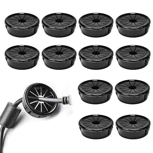BOPOREAE 12 Pcs Cable Grommet, Snap Bushing 1-1/4" (32 mm) Mounting Diameter, Flexible Petal-Shaped Buckle Round Nylon Desk Grommet for Wires Through Countertop Cord Organizer and Protection, Black