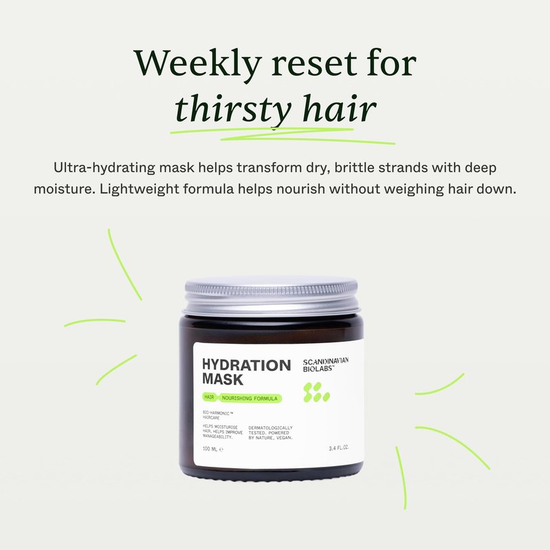 Scandinavian Biolabs Hydration Mask | Deep Moisture, Enhances Shine, Frizz & Damage Control, Immediate Hydration, Plant-Based Oils Blend, Suitable for All Hair Types, 100 mL/ 3.4 Oz