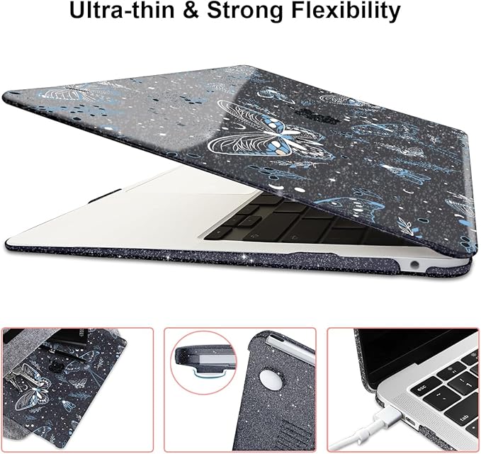 LCMOCICO for MacBook Air 13 inch Case 2021 2020 2019 2018 Release M1 A2337 A2179 A1932, Glitter Black Pritned Pattern Hard Case Cover for Mac Air 13 M1 Retina Display with Touch ID, Butterfly Sky