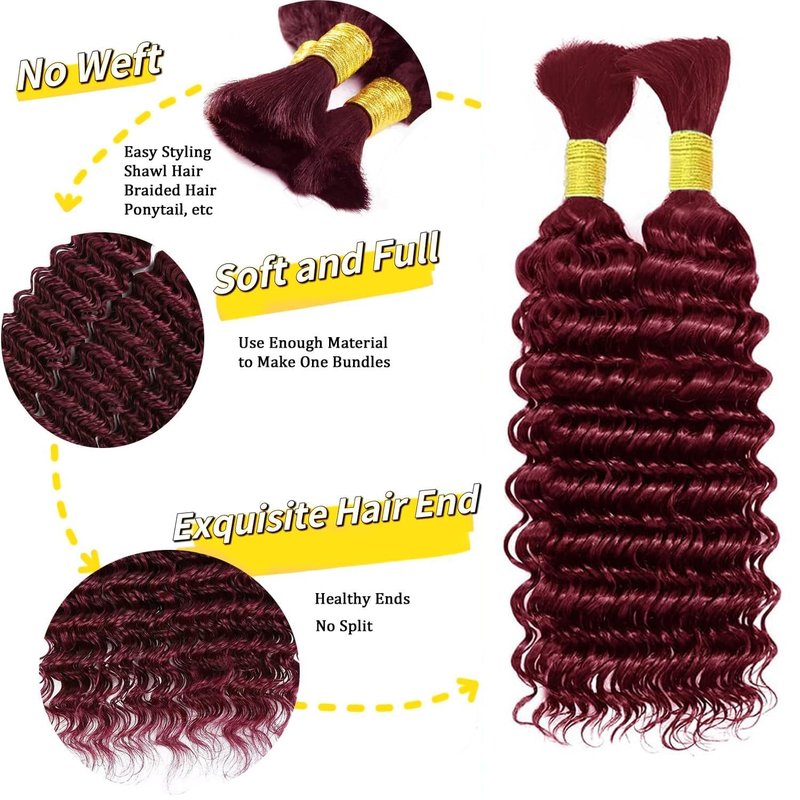 Human Braiding Hair 2 Bundles/Pack 100g Burgundy 99J Curly Deep Wave Human Bulk Hair for Braiding No Weft 10A Brazilian Virgin Human braiding Hair 99J (Burgundy 99J, 14 inch/100g)