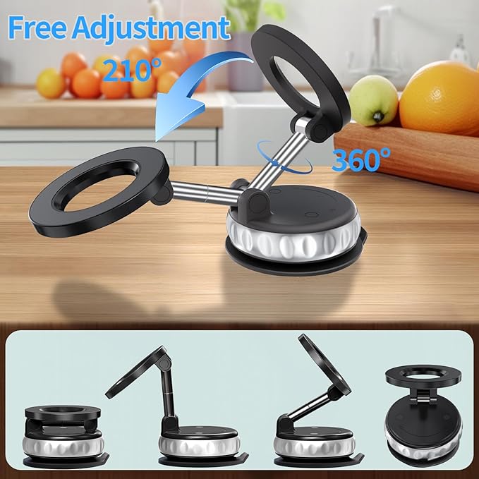 BomSaluka Vacuum Suction Magnetic Phone Holder, 2025 Upgraded Foldable Retractable Magnet Suction Cup Phone Mount for Car, 360° Adjustable Magnetic Phone Stand for Cars/Gyms/Mirrors/Smooth Surface