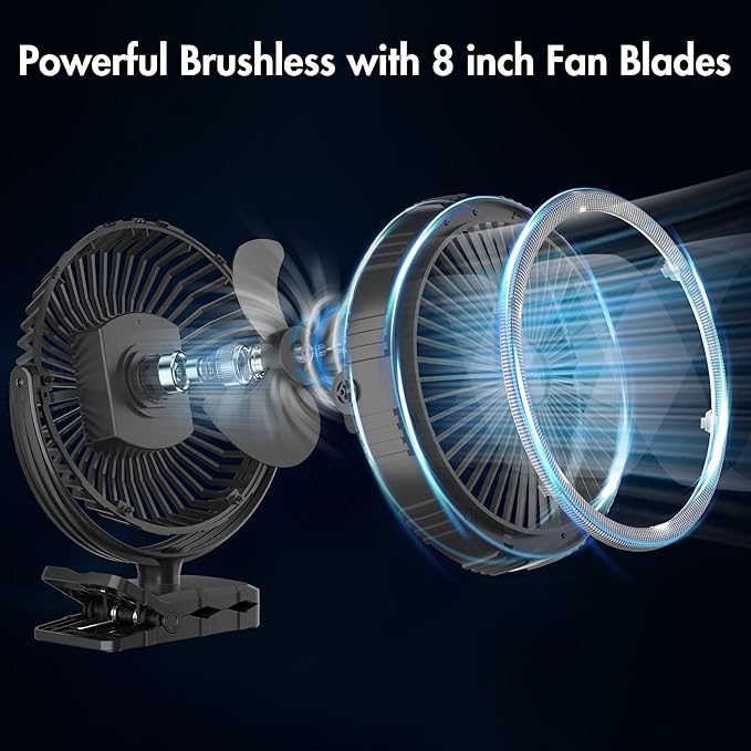 10000mAh Portable Fan with Clip, Rechargeable Clip On Fan with Light & Hook, 3 Strong Airflow & Timer, Battery Powered, Clamp On Desk Fan for Travel Outside Camping Sleep Bedroom Office RV Hurricane