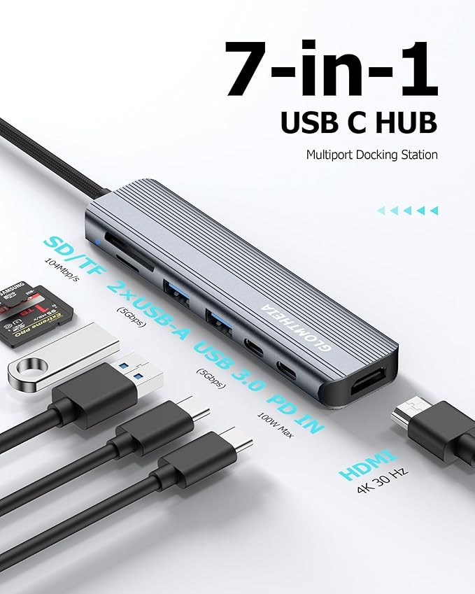 Glomtheia USB C Hub Multiport Adapter for Laptop MacBook Air/Pro, Multiple Ports Dongle Dock with 4K HDMI, 100W PD, 2xUSB-A 3.0, USB-C Data Port, SD/TF Card Reader