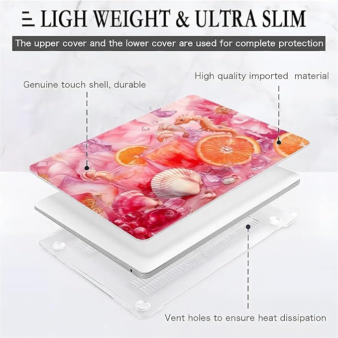 COTAIL Compatible with MacBook Air 13.3 13.6 Inch Case 2022 2021 2020 2019 Plastic Hard Shell Case Cover,13.6 Air (A2681) M2 2022, Pink Floral with Sea Shells