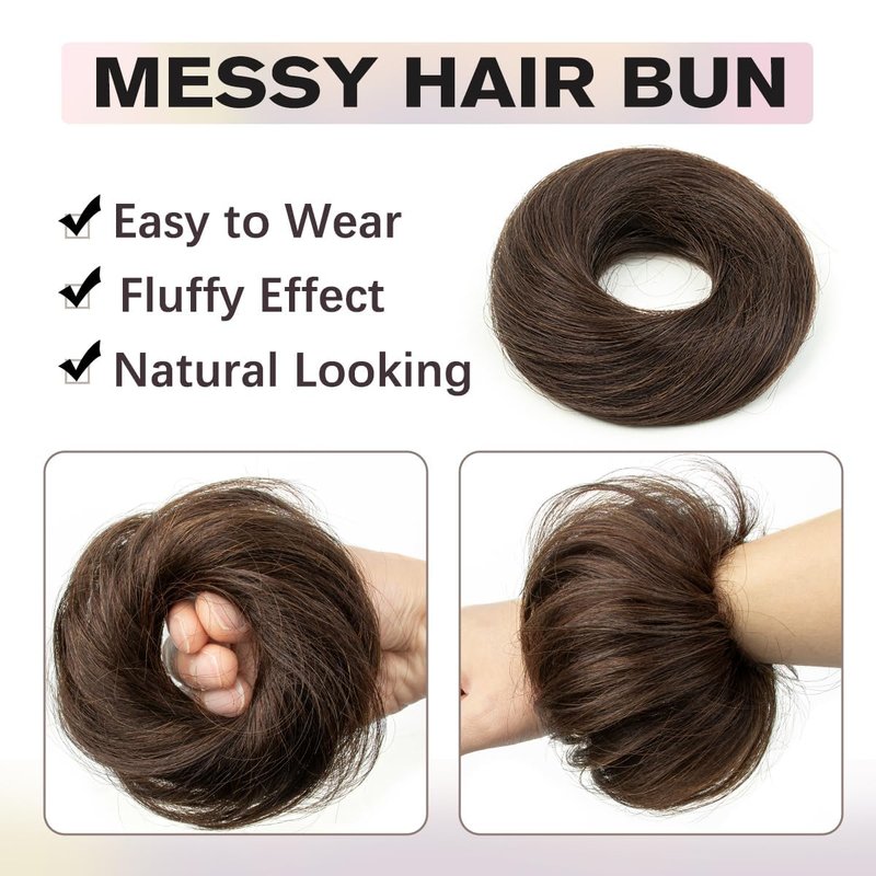 Messy Bun Hair Piece - 2 PCS Dark Brown Soft Fluffy Scrunchies for Easy Updos | Ideal for Women & Kids