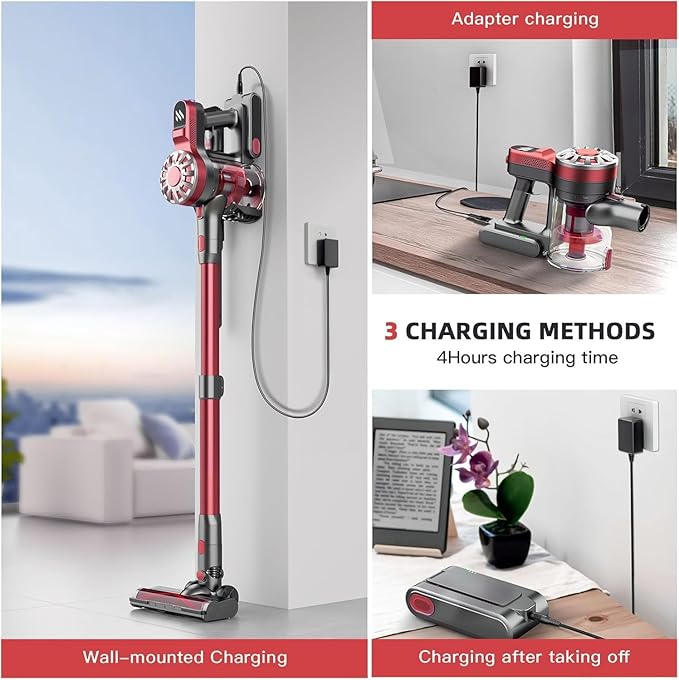WLOTPO Cordless Vacuum Cleaner for Home, Lightweight Stick Vacuum Cordless Rechargeable with Power Suction, Up to 35 Mins Runtime, Hardwood Floor Vacuum for Pet Hair, Carpets, Tile(Light Red)