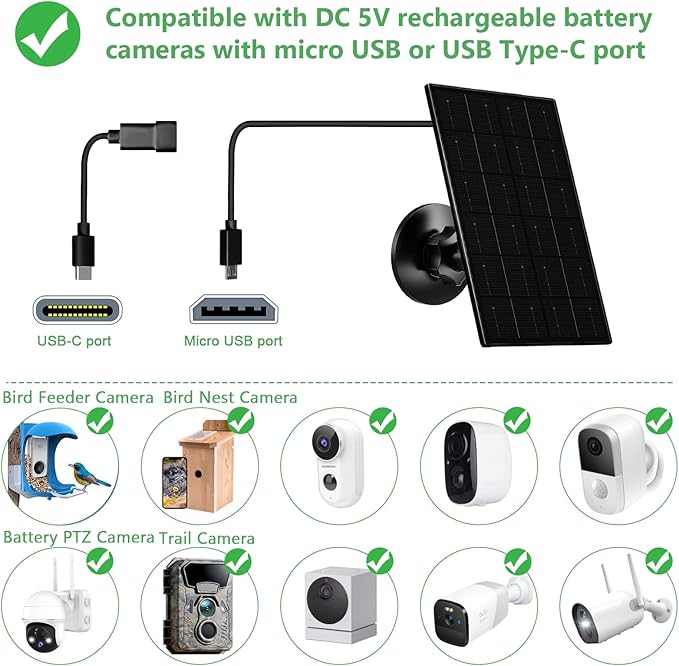 Zivif Solar Panel for Security Camera, 4W Solar Charger with Micro USB/USB-C Plug with Rechargeable Battery Cameras, IP65 Waterproof, 360° Adjustable Mount & 9.8ft Cable, 1 Pack