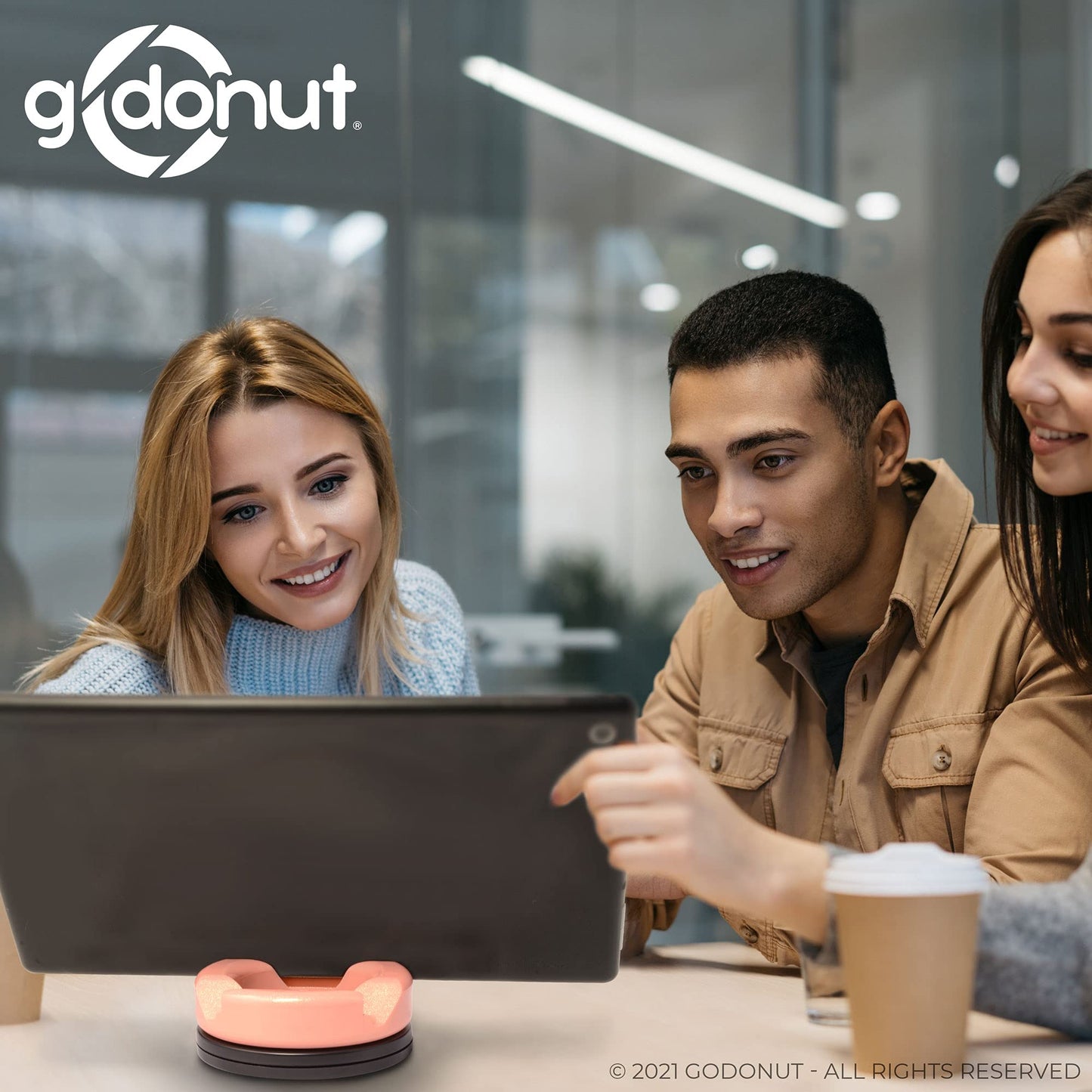 GoDonut 360 Swivel – Smartphone and Tablet Stand and Desk Organizer with 360 Degrees Device Rotation - Compact and Portable for Travel, Office and Home - Made in USA (Blue)