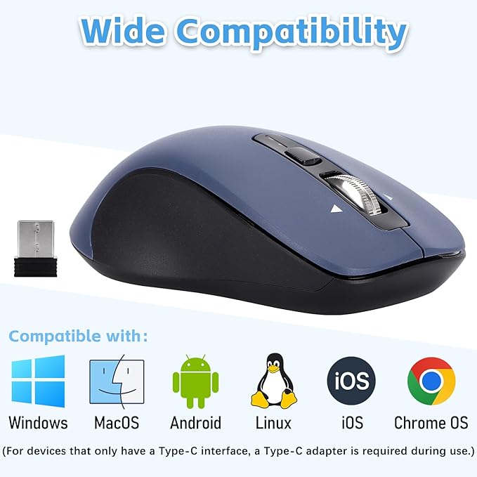CITLLA Wireless Bluetooth Mouse (USB + BT1 + BT2), Full Size Mouse, 4-Way Scrolling, Multi-Device Silent for Computer, Laptop, iPad, MacBook (Navy Blue)