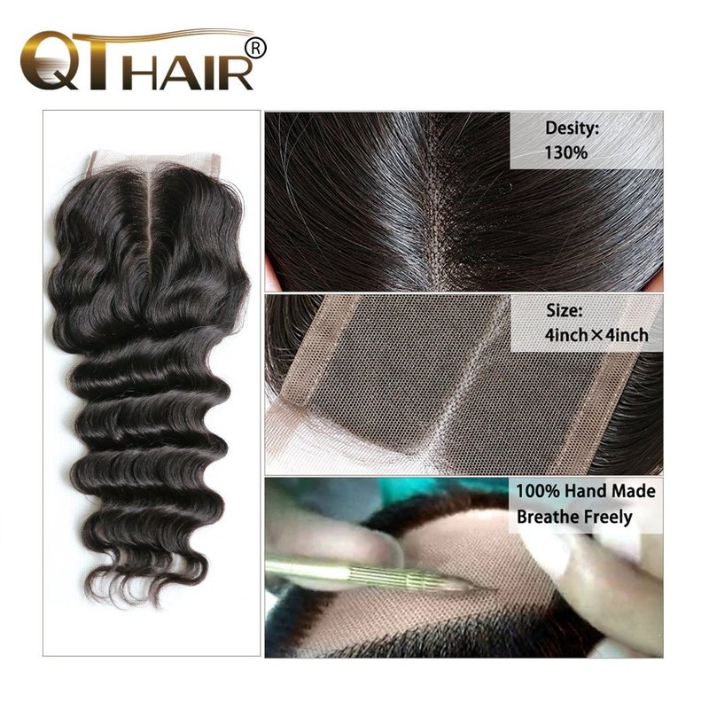 QTHAIR 18A Loose Deep Wave Lace Closure - 4x4 Brazilian Human Hair, Pre-Plucked, 14" with Baby Hair