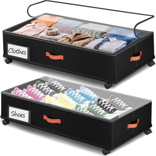 Under Bed Storage - 2-Pack Rolling Storage Drawers with Clear Lids | 66L Organizer Bins for Clothes & Shoes (30" L x 16.2" W x 7.5" H)