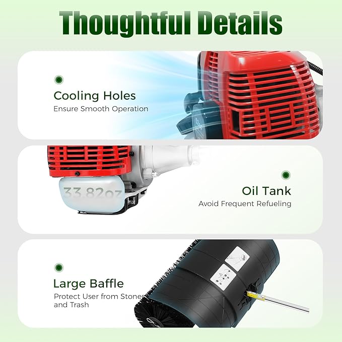 52CC 2 Stroke Gas Handheld Sweeper, 2.3HP Power Outdoor Backpack Broom Lawn Sweeper w/Manual Puller&Air Filter, Side-Mounted Snow Sweeping Broom for Driveway Street Turf Snow Artificial Grass Cleaning