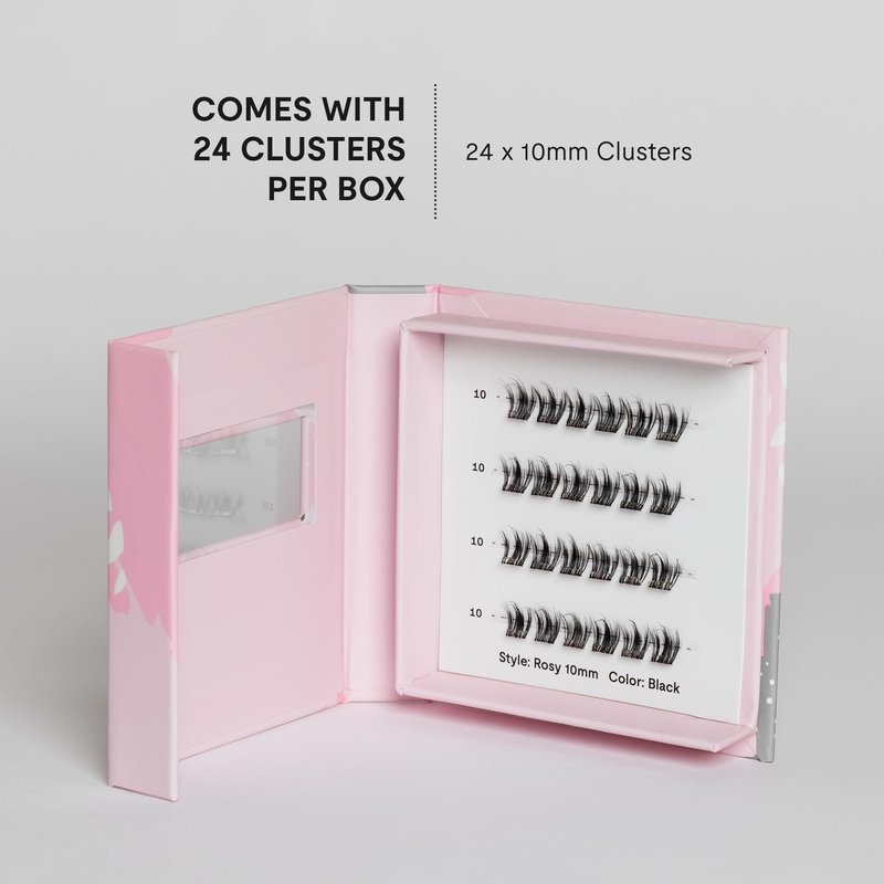 Silly George Single-Size Pop-On Lashes - DIY 1-Step Pre-Glued Faux Eyelash Cluster Kit, Natural Look Extensions, Pack of 24 Individual Clusters, Black - Rosy, 10mm