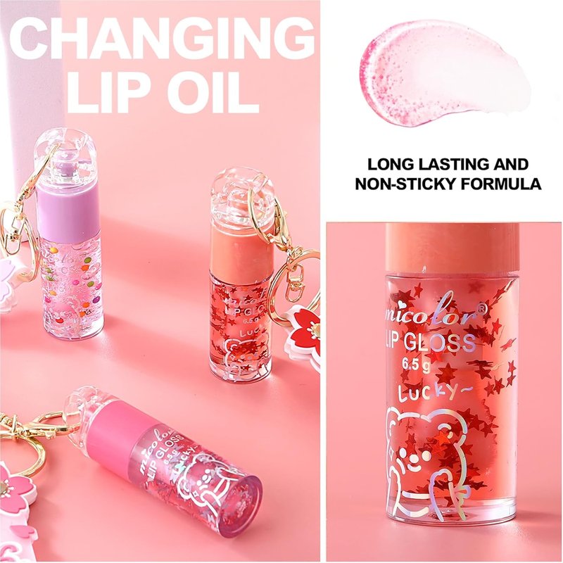 Hydrating Lip Gloss Set - Glossy Shimmer Finish | 3 Colors with Natural Moisturizing Formula & Sakura Keychain Design