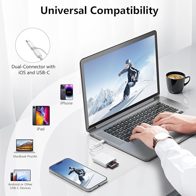 SD Card Reader for iPhone iPad Camera with USB C, Dual Card Slot USB 3.0 Memory Card Reader Supports SD/TF Card Trail Camera Viewer SD Card Adapter Portable Micro SD Card Reader No App Plug and Play