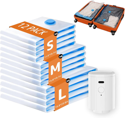 Travel Vacuum Bags - 12 Pack Compression Bags with Rechargeable Mini Pump for Luggage & Suitcase