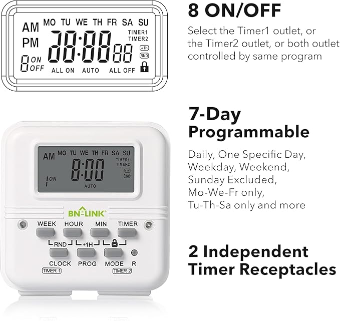 BN-LINK Indoor Digital Light Timer, 7 Day Programmable Plug with 2 Independent 3-Prong Outlets, for Lamps, Fans, 2 On/Off Settings, 1 Pack, 15A/1875W, ETL Listed