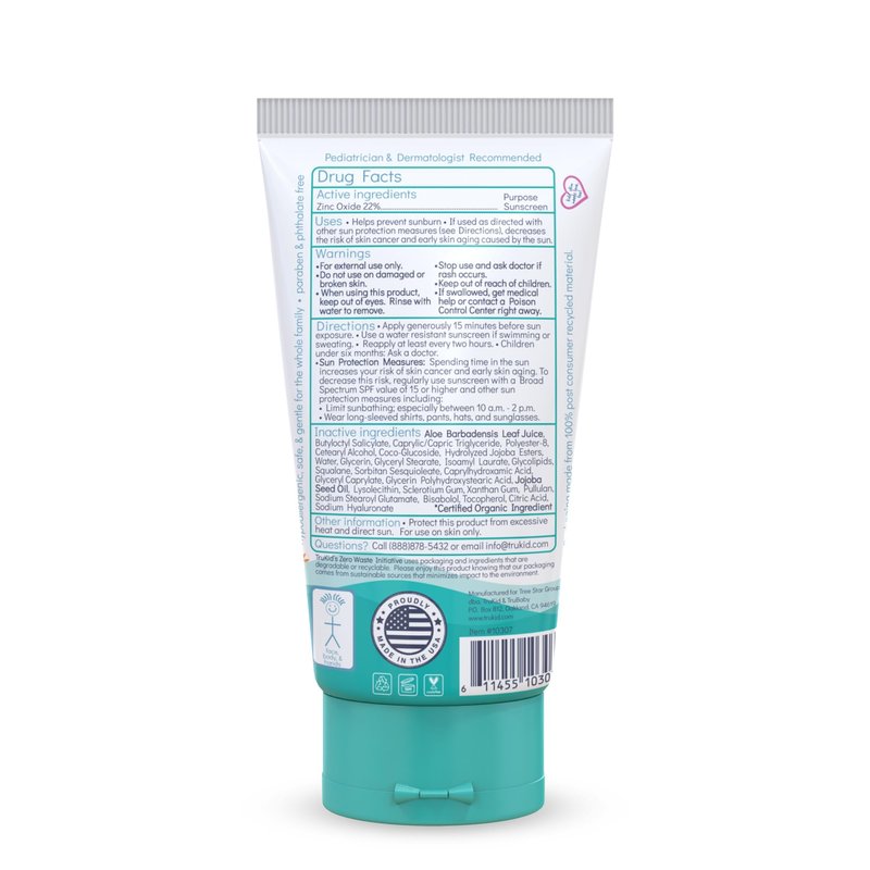 TruKid Sport Mineral Sunscreen SPF 30 - All Natural Kids & Baby Sunscreen for Face & Body, Non-Toxic Zinc Oxide Sunblock Protection for Sensitive Skin, Unscented, FSA Eligible, Travel Size 3.4oz