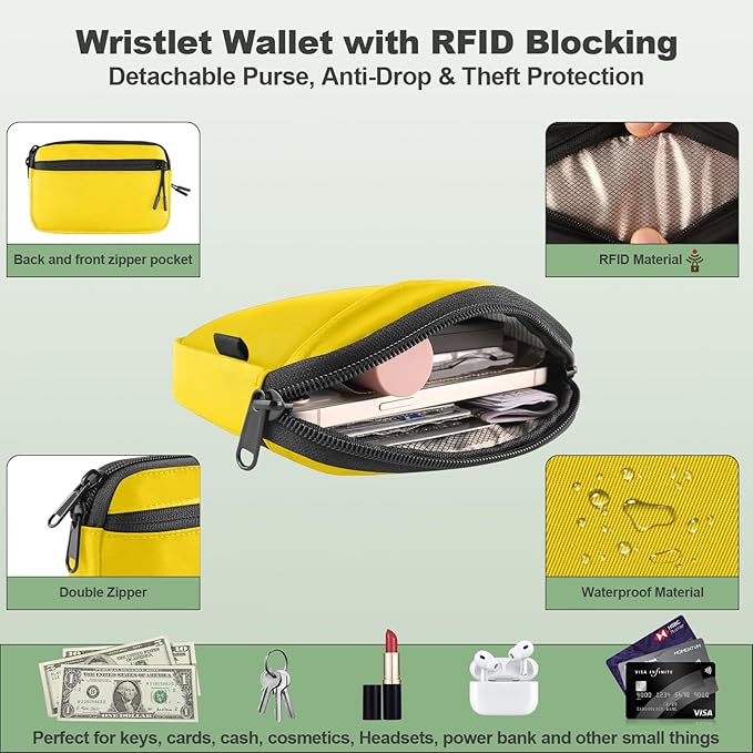YFWE Clip and Go Strap for Phone with Wallet Crossbody, Adjustable Phone Lanyard with Detachable RFID Wristlet Wallet & Ultra-Thin 360° Rotatable Metal Tabs for All Smartphones (Yellow)