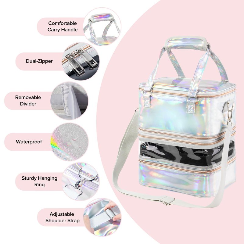 Nail Polish Organizer Case, 3 Layers Removable Nail Polish Storage Bag Holds 60 Bottles and Nail Lamp with Shoulder Strap Portable Holographic PU Leather Nail Kit Storage for Manicure Tools (Silver)