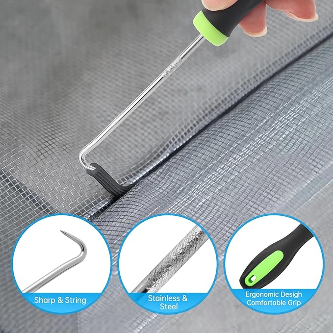 HOJLKLD Window Screen Repair Kit, Steel/Nylon Roller Tool with Bearing+8pcs Screen Clips+32ft Screen Spline+Spline Removal Hook, 5 in 1 Screen Roller Tool Kit for Installing Door Mesh Screens