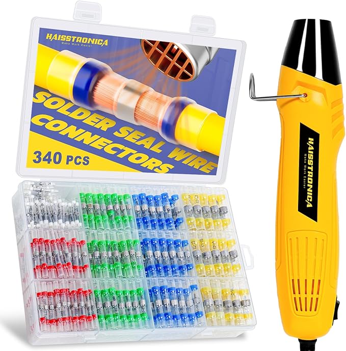 haisstronica 340 PCS Solder Seal Wire Connectors with Mini Heat Gun Kit, Waterproof Heat Shrink Wire Connectors, 10-26 AWG Solder Stick Wire Connectors for Automotive, Marine & Wiring Repair