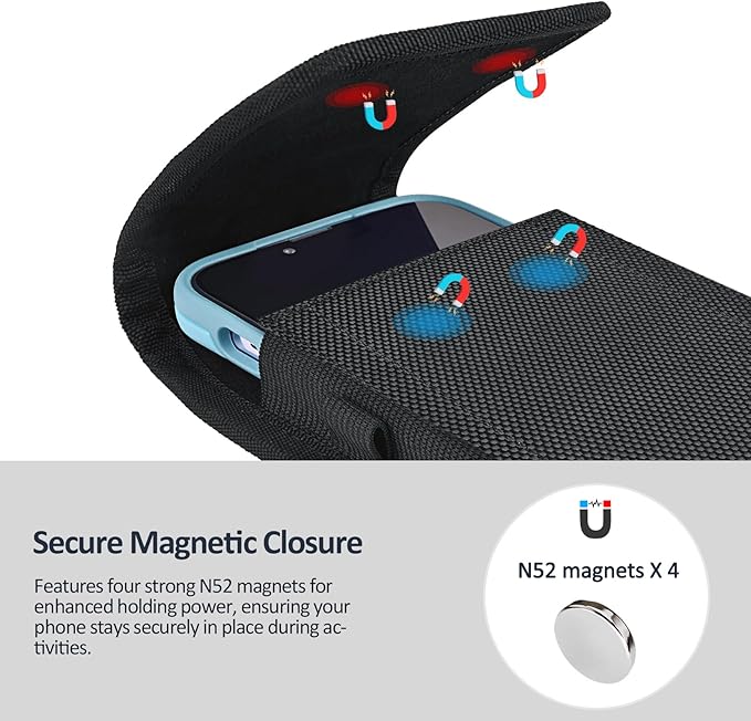 ACCKUO Phone Holster for Belt with Metal Clip and Magnetic Closure Compatible with iPhone 17 Air, 16/15/14/13/12 Pro Max, Galaxy S26/S25/S24/S23/S22 Plus & FE for Everyday Protection, L-Black