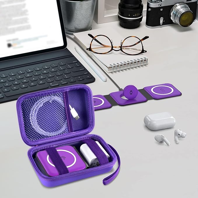 ANKHOH Travel Case for UCOMX for Nano/for Iseyyox/for LISEN/for RTOPS 3 in 1 Wireless Charger, Foldable Magnetic Charging Station Storage Holder Bag for Fast Charge Pad Cable Purple-Box Only
