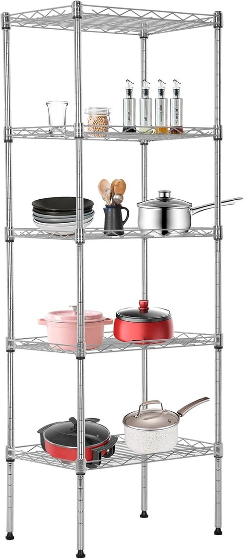 BestOffice 5-Tier Wire Storage Shelves - Heavy-Duty Metal | Adjustable Racks | Chrome Finish | 17x12x48 Inches | Holds Up to 750 lbs | Easy No-Tool Assembly for Home & Garage