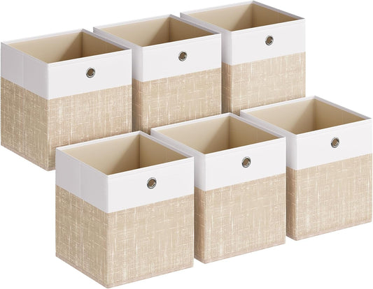 SONGMICS Storage Cubes - Set of 6 Foldable Fabric Organizer Boxes | Odorless, 10.2" x 10.2" x 11", Cloud White & Sand Beige
