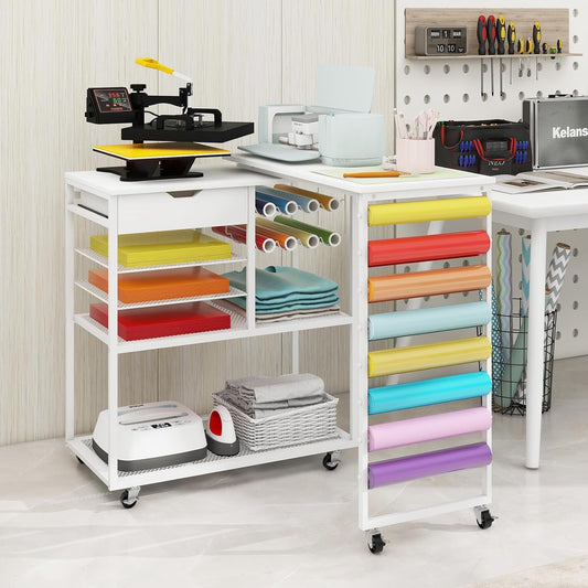 PUNCIA Heat Press Stand - 360° Rotating Craft Cart Table for Cricut | Vinyl Roll Holder & Storage Solution