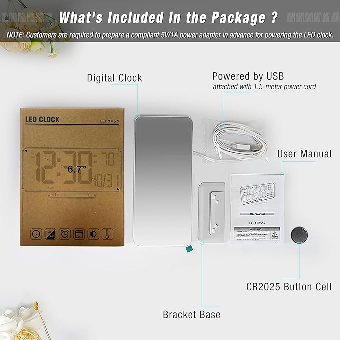 KOSUMOSU Alarm Clock for Bedroom, 6.7" Led Desk Digital Clock,Mirror Clock,Dual Alarm Clock for Living Room with Seconds,Date,Week,12/24h,Dimming,Temp
